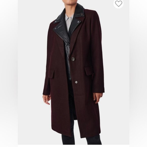 Bernardo burgundy wool coat with faux leather there removable collar ladies M - Picture 1 of 7